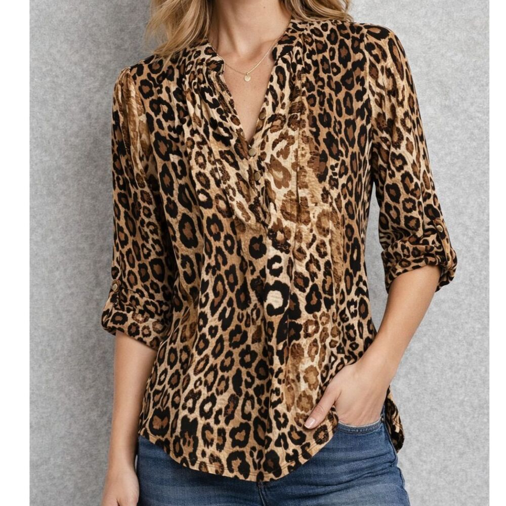 New Directions Leopard Print Blouse PM NWT Roll Tab Sleeve Animal Print Top